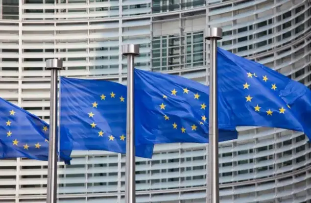 A row of EU flags blowing in the wind.