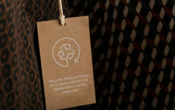 Close up of clothing tag with recycle icon. Recycling products concept. Zero waste, suistainale production, environment care and reuse concept.